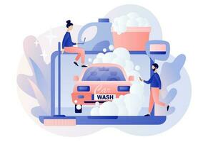 auto wassen onderhoud web plaats. vervoer is schoon. klein mensen het wassen auto- met water en schuim. modern vlak tekenfilm stijl. vector illustratie Aan wit achtergrond