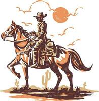 een cowboy rijden een paard in de woestijn met een wijnoogst retro stijl vector
