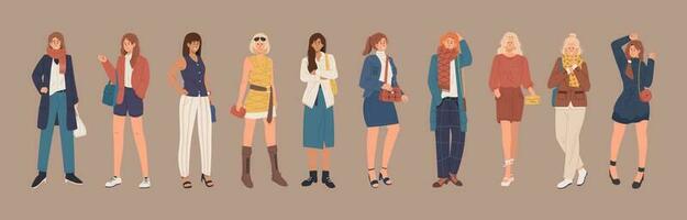 verzameling van elegant Dames gekleed in gewoontjes en formeel modieus kleren. jong modieus meisjes vlak tekenfilm illustratie vector