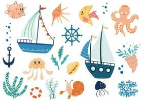 zee leven elementen set. kinderachtig grappig klem kunsten. zeilboten, Octopus, vis, krab, anker, schelpen en algen. zee wereld. ideaal voor kinderen, afdrukken, ansichtkaarten, afdrukken. hand- trek vector illustratie