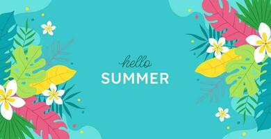 banier Hallo zomer. creatief helder, kleurrijk, blauw achtergrond met tropisch bladeren en plumeria bloemen. zomer uitverkoop, poster sjabloon, groet kaart. vector