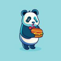 schattig panda tekenfilm illustratie met een hamburger Aan zijn hand. panda mascotte tekenfilm karakter. vlak stijl panda klem kunst voor web landen bladzijde, banier, folder, sticker, kaart. gelukkig panda karakter icoon. vector