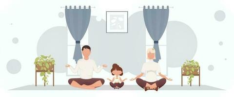 een Mens met een vrouw en een weinig meisje zijn mediteren in een kamer. meditatie. tekenfilm stijl. vector