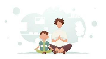 mam en zoon zijn zittend en aan het doen yoga. meditatie. tekenfilm stijl. vector