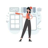 een vrouw staat in vol groei Holding een frituren pan en een spatel. cafe. element voor presentaties, plaatsen. vector