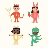 gelukkig Internationale kinderen in dinosaurus, haas, tijger, duivel kostuum in vlak stijl vector