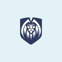 leeuw hoofd logo ontwerp binnen sterk wit en blauw schild, leeuw symbool dier logo vector