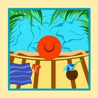 zomer zwembad partij illustratie.vrouw in een groot rood hoed zwemmen in de zwembad vector