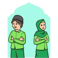 Ramadan kareem. gelukkig Ramadan. schattig tekenfilm tekens moslim jongen en meisje vector