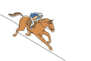 enkele doorlopende lijntekening jonge jockey op paard. racepaard met jockey. kampioen. paardrijden. paardensport. jockey rijden springpaard. een lijn tekenen grafisch ontwerp vectorillustratie vector