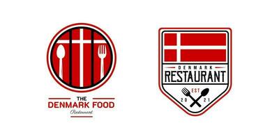 Denemarken voedsel restaurant logo. Denemarken vlag symbool met lepel, en vork pictogrammen. premie en luxe logo vector