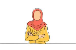 continue één lijntekening glimlachend zelfverzekerde arabische vrouw in hijab, armen gekruist houdend. actieve zakenvrouw permanent met gevouwen armen poseren. enkele lijn tekenen ontwerp vector grafische afbeelding