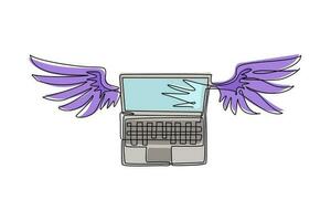 continue één lijntekening laptop met vleugels die in de lucht vliegen. cloud computing-concept. laptopcomputers met vleugels die naar de wolk vliegen. enkele lijn tekenen ontwerp vector grafische afbeelding