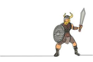 continu één lijntekening grote sterke gespierde oranje krijger viking met zwaard en schild valt woedend aan. Viking in gehoornde helm met zwaard en schild. enkele lijn tekenen ontwerp vectorafbeelding vector