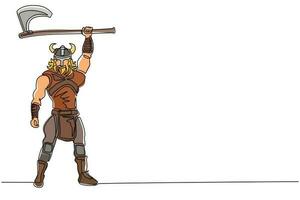 enkele een lijntekening Noordse man die bijl in de lucht houdt. vector van krijger die viking oorlogspantser draagt. karakter uit de heidense en Scandinavische mythologie. doorlopende lijn tekenen ontwerp illustratie