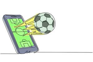 continue één lijntekening smartphone met app voetbal voetbal en bal. mobiel sportstreamkampioenschap. online voetbalspellen. mobiel voetbal. enkele lijn tekenen ontwerp vector grafische afbeelding