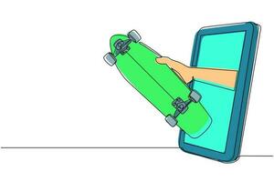 continue één lijntekening speler hand houdt skateboard via mobiele telefoon. smartphone met skateboardgames-app. mobiel sportstreamkampioenschap. enkele lijn tekenen ontwerp vectorillustratie vector