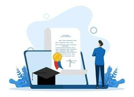 onderwijs vector illustratie. viering van tekens met succes einde leerzaam cursussen, seminaries, tutorials en Holding academisch petten en diploma certificaten. diploma uitreiking concept. vector