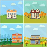 reeks van vier eenzaam huizen in de natuur. vector illustratie.
