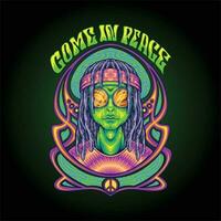 hippies buitenaards wezen komen in vrede met kunst nouveau kader illustraties vector