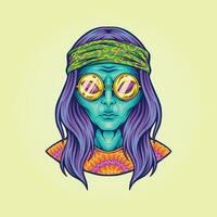 hippie buitenaards wezen meisje met bril psychedelisch logo illustraties vector