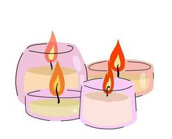 geparfumeerd kaarsen in glas kan. reeks van romantisch vlam en brand in decoratief glas. tekening tekenfilm geïsoleerd Aan wit achtergrond vector