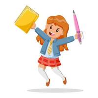 schattig tekenfilm meisje vervelend school- uniform jumping terwijl Holding boek en pen. vector illustratie