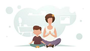 mam en zoon zijn zittend aan het doen meditatie. yoga. tekenfilm stijl. vector