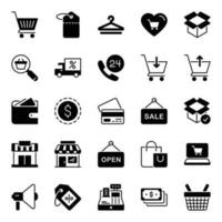 glyph pictogrammen voor boodschappen doen en e-commerce. vector