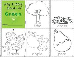 mijn weinig boek van groen kleur voorwerpen groen naar verf hen net zo ze zijn in echt leven. onderwijs activiteiten werkblad voor kinderen. boom, gras, bladeren, appel, en Peer vector