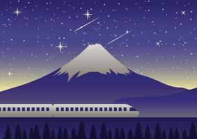 trein rijdt 's nachts langs de berg Fuji vector