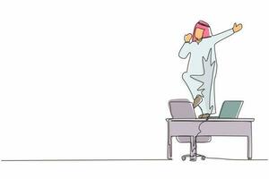 enkele doorlopende lijntekening gelukkig kantoormedewerker dansen op bureau. Arabische zakenman dansen zittend aan een bureau. plezier hebben op het werk. werk vanuit huis concept. een lijn tekenen grafisch ontwerp vector