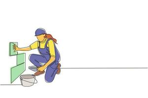 enkele een lijntekening reparatie werknemer keramische wandtegel leggen. professionele tegelzetter in uniform werken. reparateur in overalls die thuis betegelen. doorlopende lijn tekenen ontwerp grafische vectorillustratie vector