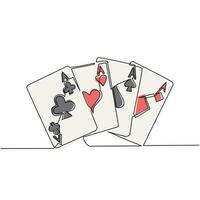 enkele een lijntekening set van vier azen speelkaarten pakken. winnende pokerhand. set harten, schoppen, klaveren, ruiten aas. Kaartspellen. moderne doorlopende lijn tekenen ontwerp grafische vectorillustratie vector