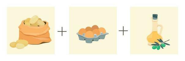 aardappelen plus eieren plus olijf- olie. vector illustratie van een stap door stap recept. Spaans aardappel omelet.