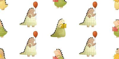 schattig kinderachtig naadloos patroon met grappig dinosaurussen, dino's met geschenken, bloemen. tekenfilm draak illustratie vector