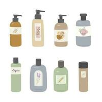 reeks van verschillend schoonheid natuurlijk schoonheidsmiddelen in flessen voor huid, lichaam en haar- zorg geïsoleerd Aan wit achtergrond. room, shampoo, douche gel, lotion vlak vector illustratie.