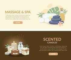 schoonheid en spa, aromatherapie banier advertenties met geparfumeerd kaarsen en massage stenen vlak vector illustratie.