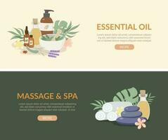 schoonheid en spa banier advertenties met essentieel olie, serum en massage stenen vlak vector illustratie. Promotie banier, folder, web sjabloon