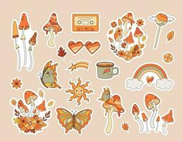 reeks van jaren 70 herfst uitstraling stickers. retro paddestoel, regenboog, pompoen, vlinder, planeet, rol vleet in hippie stijl. wijnoogst psychedelisch groovy vector illustratie.