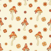 herfst groovy naadloos patroon met champignons en bloemen. vallen gevoel. retro jaren 70 vector illustratie. kleding stof, textiel ontwerp