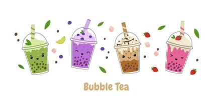 kawaii bubbel melk thee met tapioca parels set. Aziatisch Taiwanees drank. tekenfilm vector illustratie.