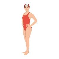 mooi vrouw, zwemmer in zwemmen pak, pet en stofbril, tekenfilm vector illustratie geïsoleerd Aan wit achtergrond. voorkant visie vol lengte portret van vrouw, meisje zwemmer in zwemmen pak