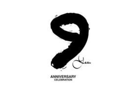9 jaren verjaardag viering vector sjabloon, 9 aantal logo ontwerp, 9e verjaardag, zwart belettering getallen borstel tekening hand- getrokken schetsen, zwart nummer, verjaardag vector illustratie