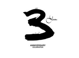 3 jaren verjaardag viering vector sjabloon, 3 aantal logo ontwerp, 3e verjaardag, zwart belettering getallen borstel tekening hand- getrokken schetsen, zwart nummer, verjaardag vector illustratie