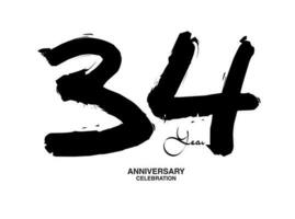 34 jaren verjaardag viering vector sjabloon, 34 aantal logo ontwerp, 34e verjaardag, zwart belettering getallen borstel tekening hand- getrokken schetsen, zwart nummer, verjaardag vector illustratie
