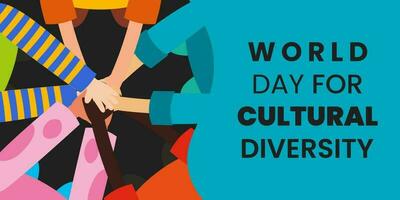 wereld dag voor cultureel verscheidenheid belettering met handen van mensen van verschillend huid kleur vector