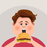 dikke man eet een grote hamburger. vector illustratie.