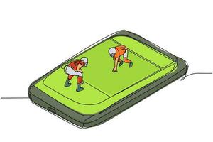 single doorlopend lijn tekening Amerikaans Amerikaans voetbal veld- met twee spelers Aan smartphone scherm. professioneel sport- wedstrijd, Amerikaans Amerikaans voetbal spel, mobiel app. een lijn trek grafisch ontwerp vector
