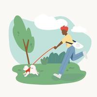 een man die een wandeling maakt met zijn hond in het park. platte ontwerpstijl minimale vectorillustratie. vector